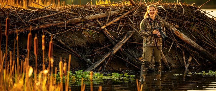Woman wildlife photographer standing in front of a beaver dam. Photographer in camouflage gear holding a camera in swamp water. Outdoor adventure and nature hobby concept for travel and environment.
