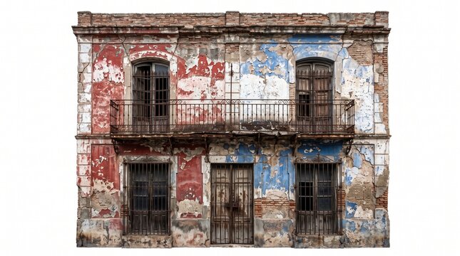Weathered and peeling paint on an old urban building facade with rusted iron balconies
