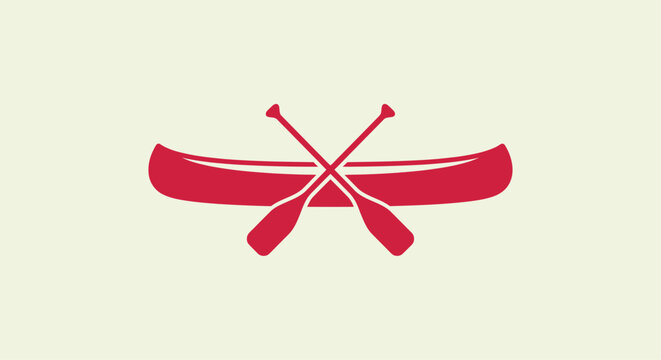 Red canoe and crossed paddles silhouette against a light background