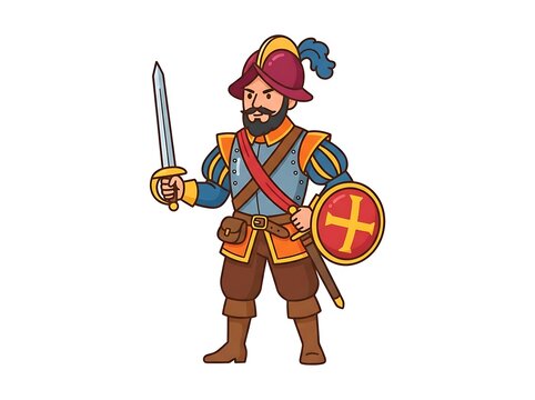 Cartoon soldier with sword and shield historical costume illustration