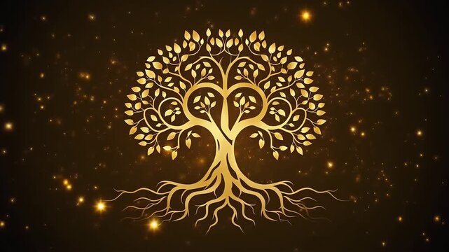 Golden tree of life silhouette rotating slowly with glowing particles spiritual background