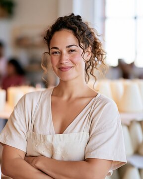 Smiling woman with curly hair wearing apron in warm lit workshop