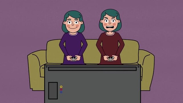 2D animation of two women sitting on a green sofa watching TV together in a dark living room home theater scene