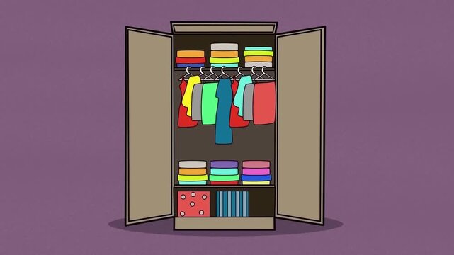 2D animation front view of an open wooden wardrobe closet with neatly organized colorful folded and hung clothes