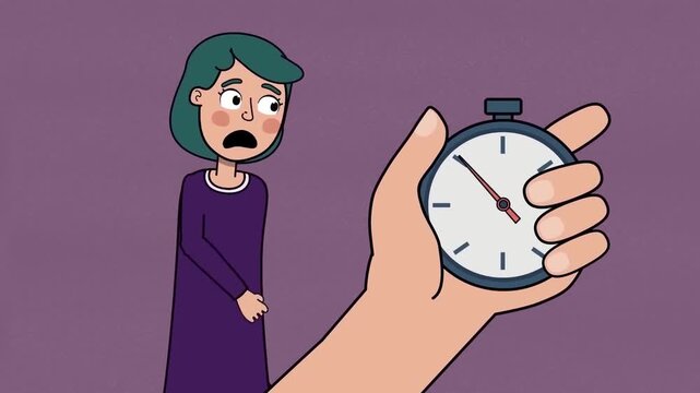 2D animation of a worried woman standing near a giant hand holding a stopwatch clock running out of time concept