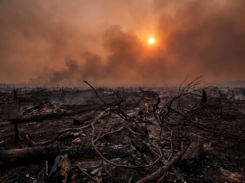 A desolate and charred landscape bearing the stark aftermath of a devastating wildfire, with thick smoke obscuring the sky and the sun glowing ominously orange through the haze