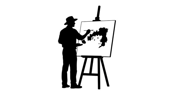 Silhouette of an artist painting on canvas on easel