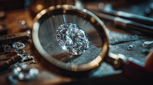 A large diamond is magnified by a gold magnifying glass on a workbench with tools and smaller diamonds.
