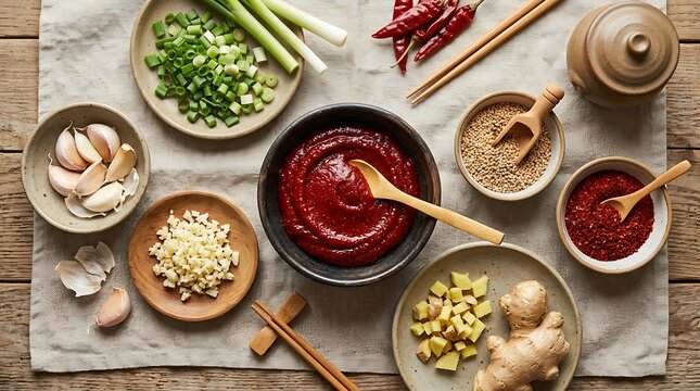 Top view of various asian ingredients and sauces prepared for cooking on a rustic wooden table. Gochujang cooking guide