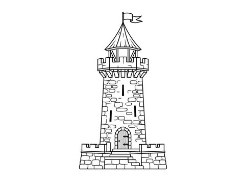Stone castle tower with flag illustration