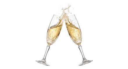 Naklejka premium Two champagne glasses clinking together with a splash of bubbly liquid