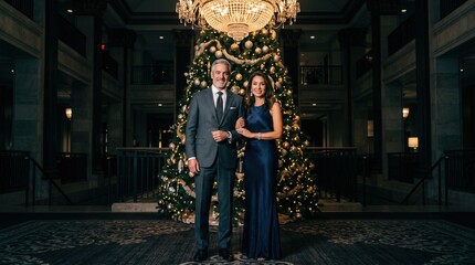 Obraz premium Elegant mature couple standing before a decorated Christmas tree in a luxury hotel lobby. Mature couple wearing formal evening attire attend a festive holiday gala or winter corporate celebration.