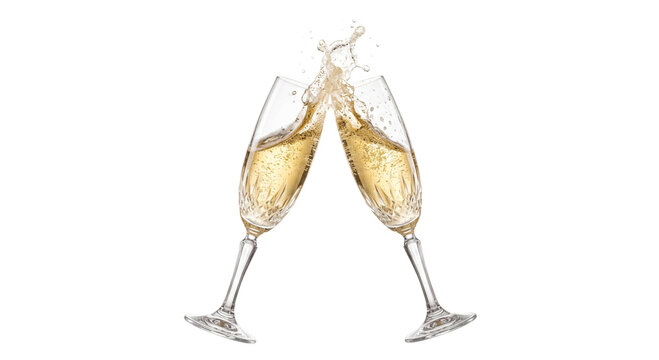 Two champagne glasses clinking together with a splash of bubbly liquid