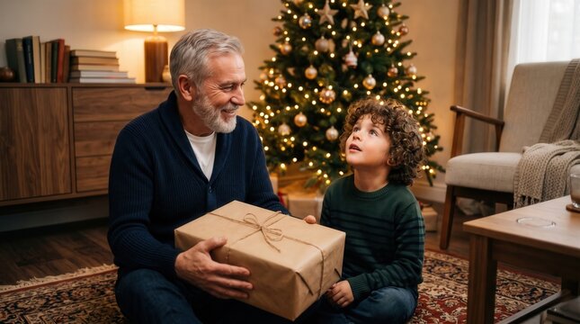 Senior man gives a wrapped gift to a young boy sitting near a decorated Christmas tree. Grandfather and grandson share a festive holiday moment in a cozy room during winter celebration.