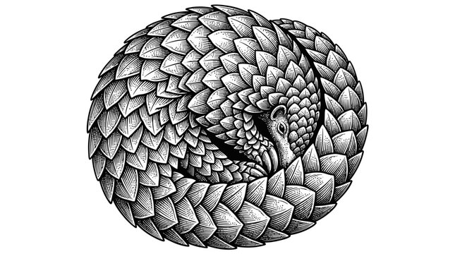 Decorative pangolin sketch showing scaly defensive ball shape.