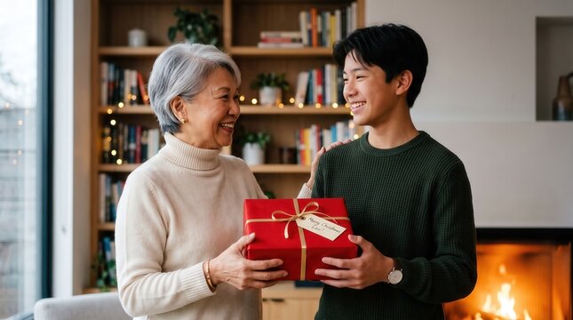 Smiling Asian grandmother and grandson hold a red gift box together in a cozy home. Grandmother and grandson celebrate a Christmas holiday surprise near a fireplace to show family tradition and love.