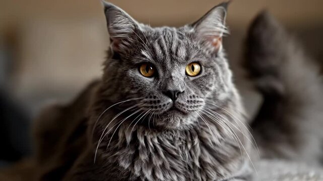 Close-up of a gray long-haired cat, a lazy daily close-up of a gray cat
