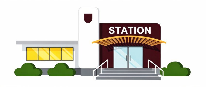 Modern station building vector illustration with glass doors. Exterior features a signage tower, steps, and bushes. Public service architecture concept for municipal and urban planning designs.
