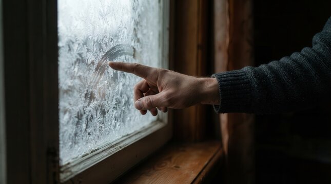 A Human Finger Traces Intricate Crystalline Patterns Upon a Frigid Frost-Covered Windowpane in a Moment of Solitude
