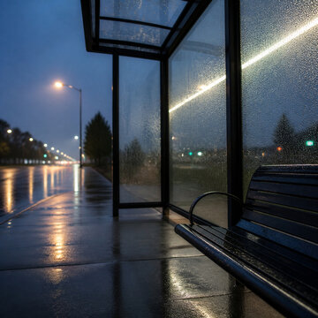 Rainy transit shelter bench with reflected roadway light
