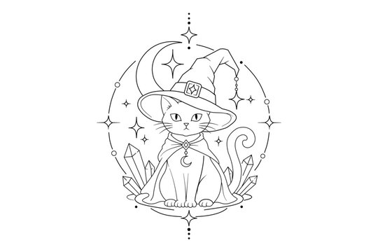 Cute black cat in witch hat with magic circle and glowing stars for Halloween design