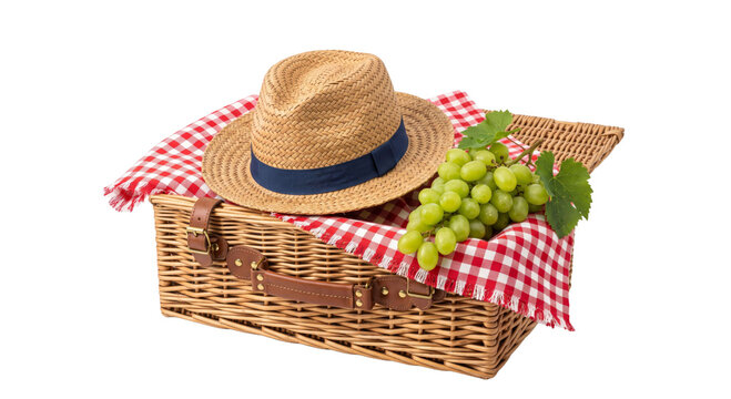Straw hat and green grapes resting on a picnic basket with red checkered cloth