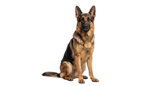 A regal German Shepherd dog sits attentively on a clean white background