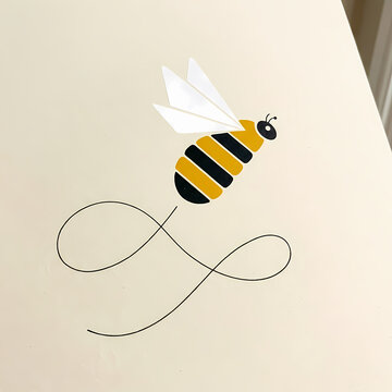 Minimalist graphic illustration of a cute flying bumblebee with a decorative swirling flight path.