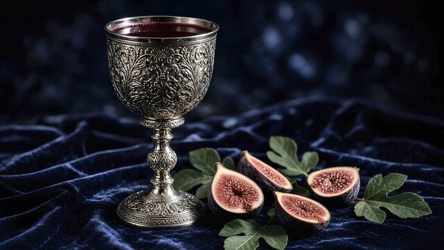 Vintage Ornate Silver Kiddush Cup with Red Wine and Sliced Figs on Blue Velvet