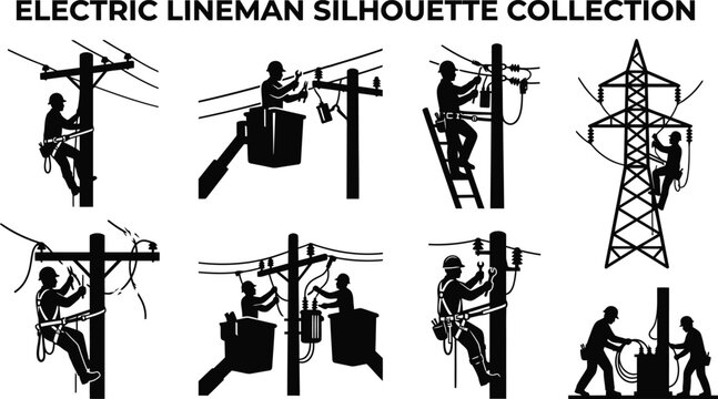 Electric lineman silhouette collection, utility workers climbing poles, repairing wires, bucket truck maintenance, transmission tower climbing vector illustration design