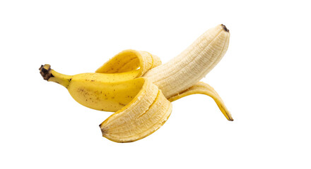 A ripe yellow banana with its peel partially removed, revealing the fruit inside © Sapphire