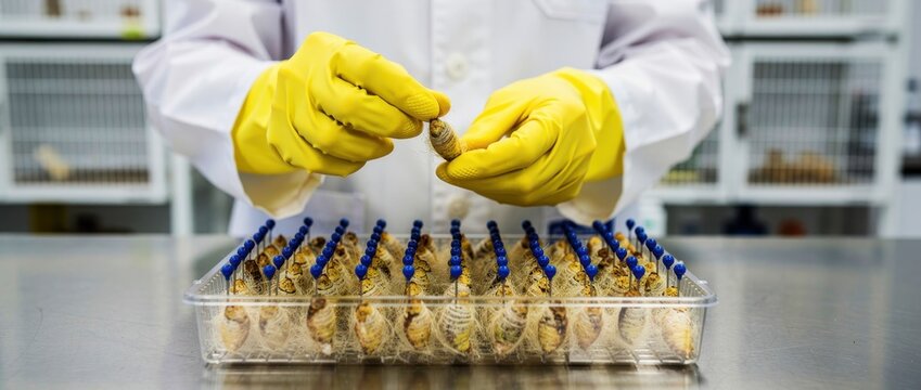 Scientist in yellow gloves inspecting insect pupae in a laboratory setting. Researcher handling biological specimens for study. Entomology research concept for science and industrial marketing.