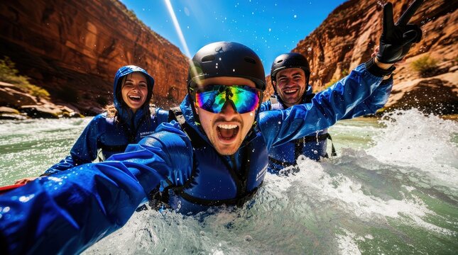Excited group taking selfie while whitewater rafting in a canyon. Friends in safety gear cheering through river rapids. Adventure travel concept for outdoor recreation marketing.