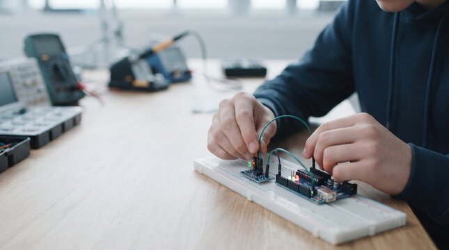 A person is assembling electronic circuits on a breadboard using wires and components. Tools and equipment are set up on the table. Sunlight comes through the window.