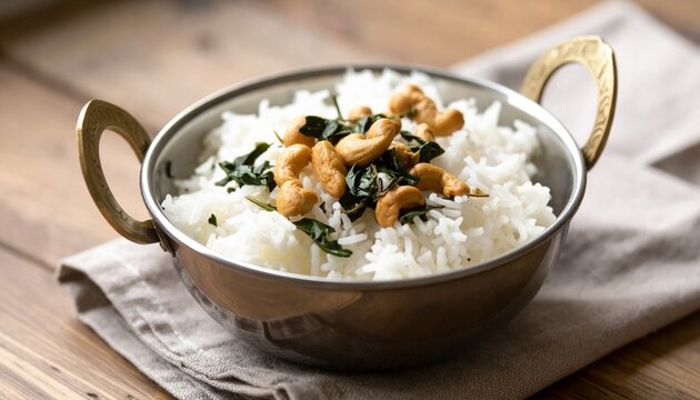 Delicious homestyle coconut rice topped with crunchy roasted cashews and fragrant curry leaves, served in a traditional bowl
