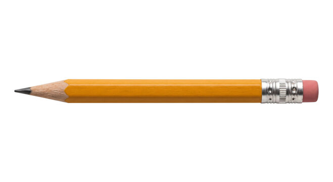 A sharpened yellow pencil with a pink eraser and silver ferrule on a white background