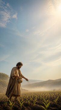 Bearded man sowing seeds in a cultivated field at sunrise. Biblical parable of the sower symbolizing faith, spiritual growth, hope, and devotion with copy space.