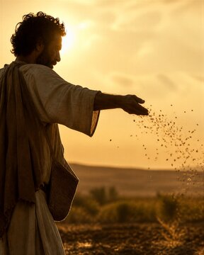 Bearded man in biblical robe scattering seeds across a field at sunset. Parable of the sower symbolizing faith, hope, spiritual growth, and spreading the word with copy space.