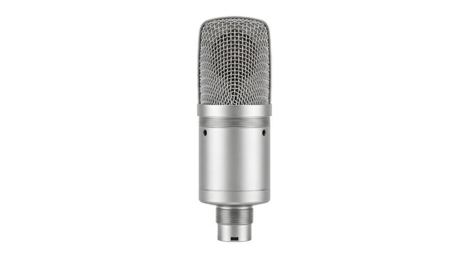 Professional condenser microphone with silver metallic finish and mesh grille