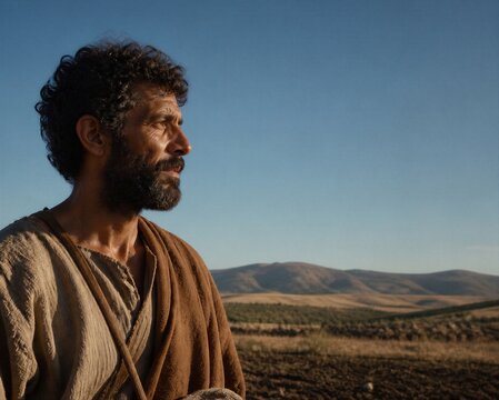 Bearded man in ancient robe standing beside a field and looking across the landscape. Biblical sower parable concept, faith, reflection, and spiritual teaching with copy space.
