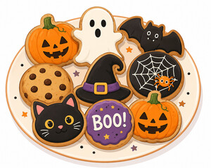 Fototapeta premium Halloween Decorated Cookies with Pumpkin, Ghost, Bat, Witch Hat and Black Cat