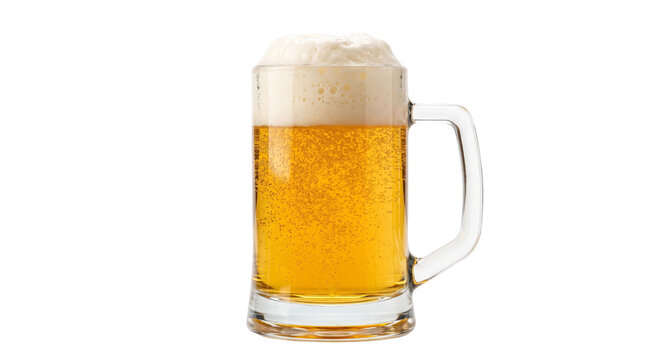 Refreshing cold beer with frothy head in a clear glass mug on a white background