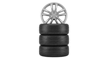 Stack of four car tires with a silver alloy wheel on top © Sapphire