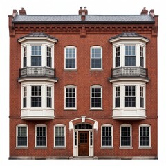 Fototapeta premium Historic red brick apartment building facade with bay windows and iron balconies
