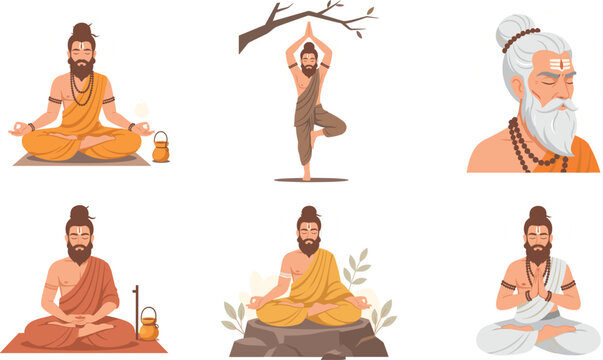 Maharishi Vishvamitra vector illustration character set featuring ancient indian rishis meditating in yoga postures penance and deep concentration for spiritual design concepts.