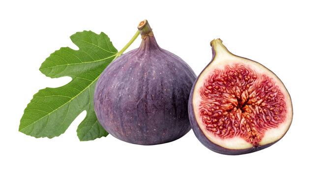 Fresh ripe purple fig cut in half revealing juicy red flesh and seeds with a green leaf