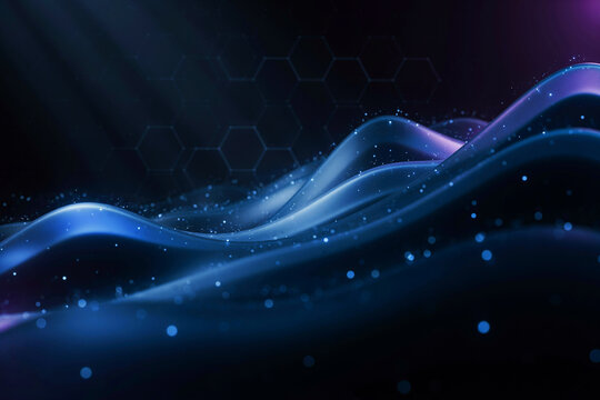 Abstract digital wave background with glowing blue light particles and geometric patterns