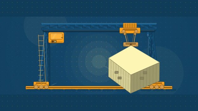 Abstract animated gantry crane travelling its span drawn as blue and cyan lines and shapes on a deep dark background. Seamless looping 4K motion graphics video with free space for text, ideal for indu