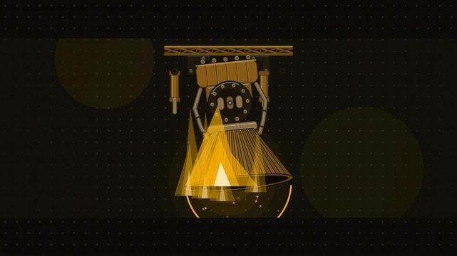 Abstract animated rocket nozzle firing at full thrust drawn as amber and orange lines and shapes on a deep dark background. Seamless looping 4K motion graphics video with free space for text, ideal fo