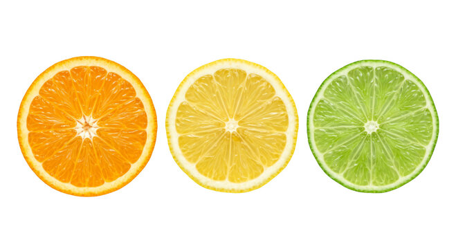 Orange, lemon, and lime slices arranged in a row on a white background